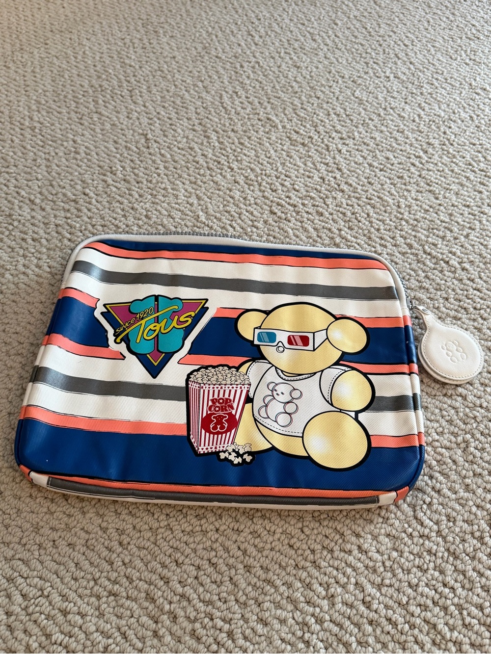TOUS Kids Navy, Cream and Coral Bear Pouch with Popcorn Motif